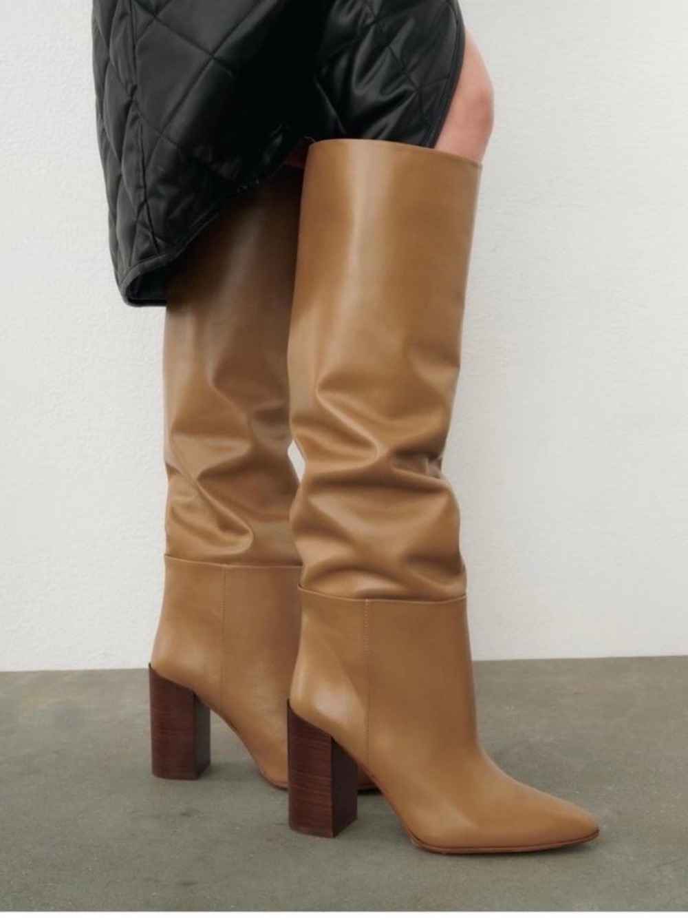 Zara Cognac Slouch Knee-High Block Heel Boots